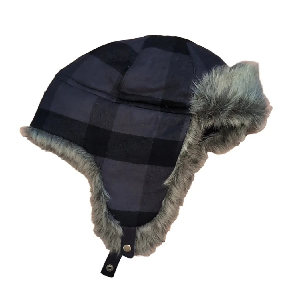 Eddie Bauer Mens Trapper Hat L/XL Black Grey Plaid Faux Fur Ear Flaps Aviator